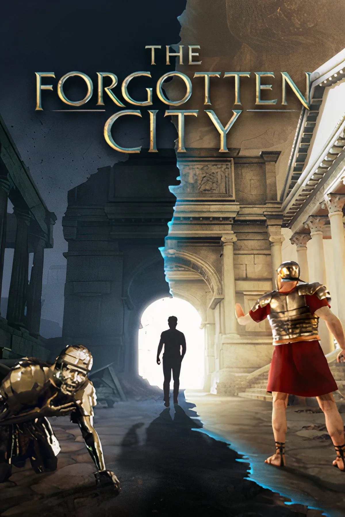 Một cảnh trong The Forgotten City với kiến trúc La Mã cổ đại và tượng vàng