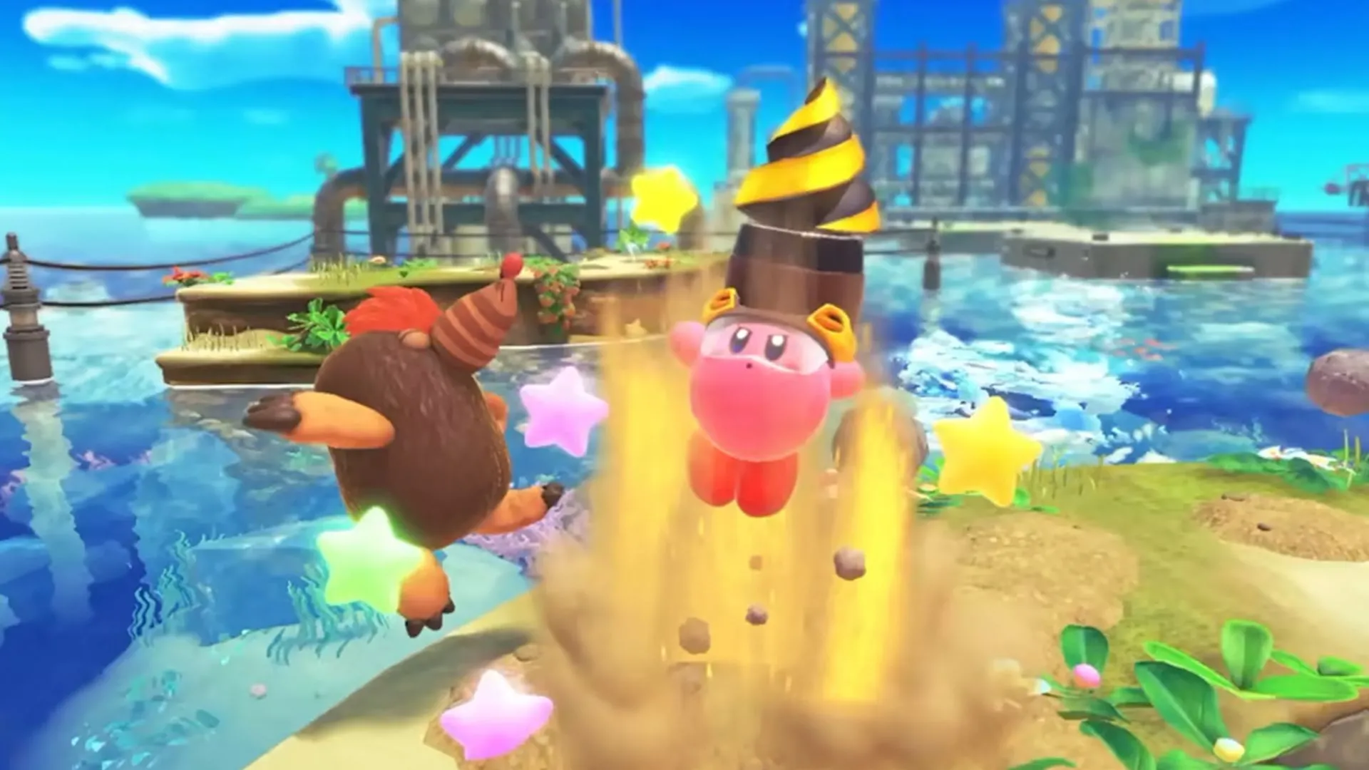 Một cảnh trong trò chơi Kirby and the Forgotten Land trên Nintendo Switch 1