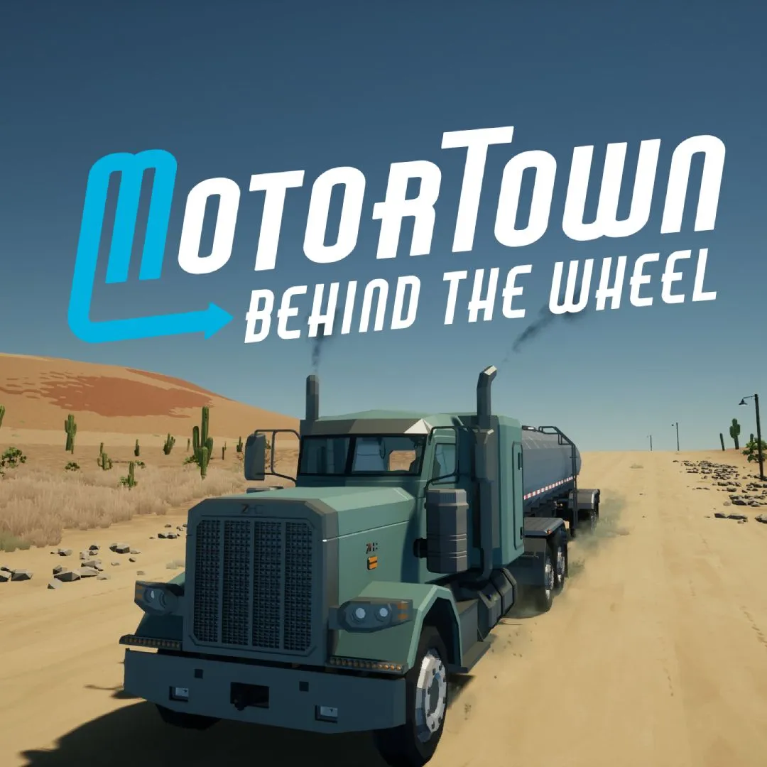 Motor Town: Behind The Wheel: Xe tải màu đỏ đỗ trước tòa nhà low-poly, cảnh game mô phỏng lái xe.
