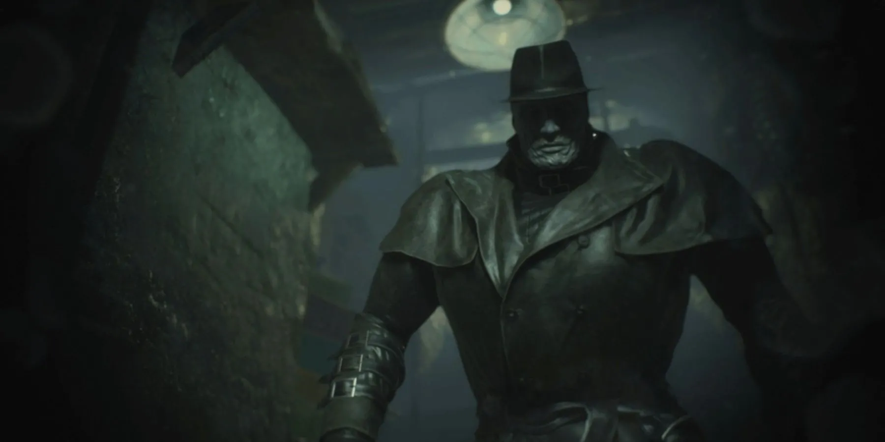 Mr. X xuất hiện đáng sợ trong bóng tối trong Resident Evil 2 Remake, tạo áp lực kinh hoàng.