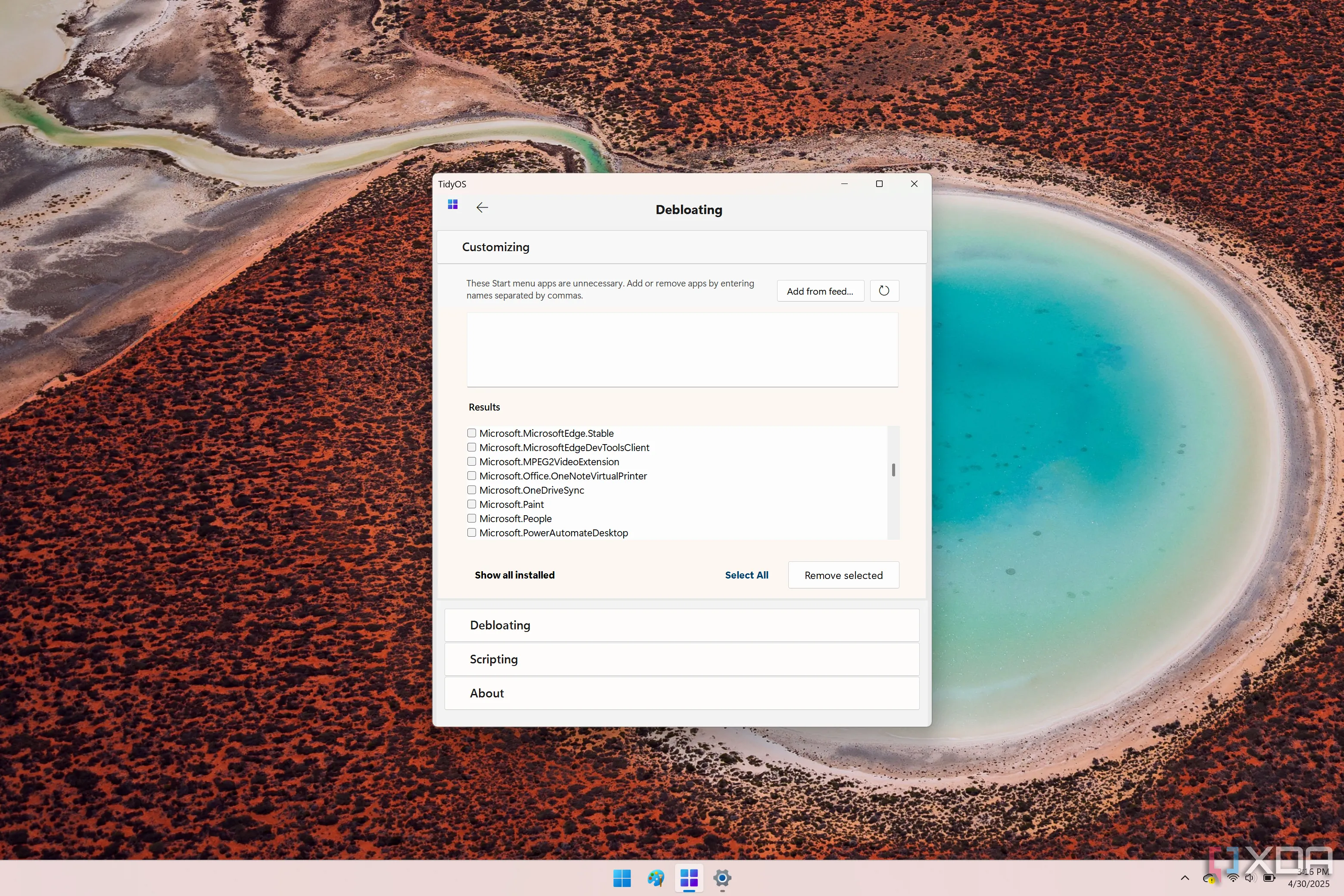 Mục Debloating trong TidyOS hiển thị toàn bộ danh sách ứng dụng có thể gỡ bỏ trên hệ thống Windows