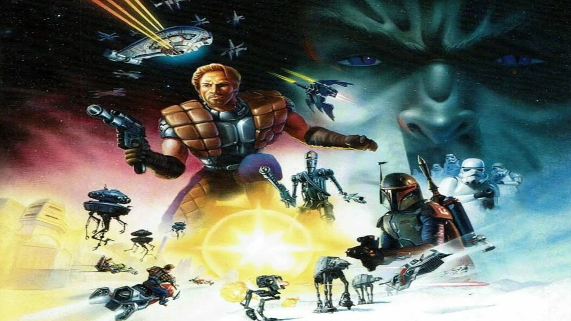 Nghệ thuật chính của tựa game Star Wars: Shadows of the Empire, với nhân vật chính Dash Rendar và phi thuyền Outrider.