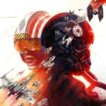 Nghệ thuật chính và bìa hộp của Star Wars Squadrons, thể hiện cảnh chiến đấu phi thuyền.