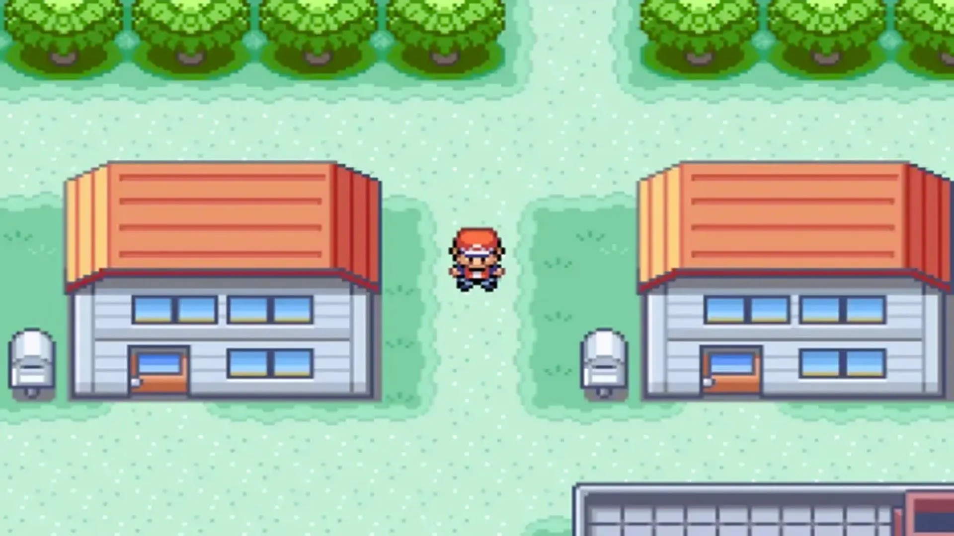 Người chơi khám phá thị trấn Pallet trong Pokémon FireRed, với các ngôi nhà và cây cối