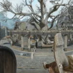 Người chơi Skyrim với kiếm và khiên trong thị trấn sau khi cài mod Combat Gameplay Overhaul SE cải thiện chiến đấu