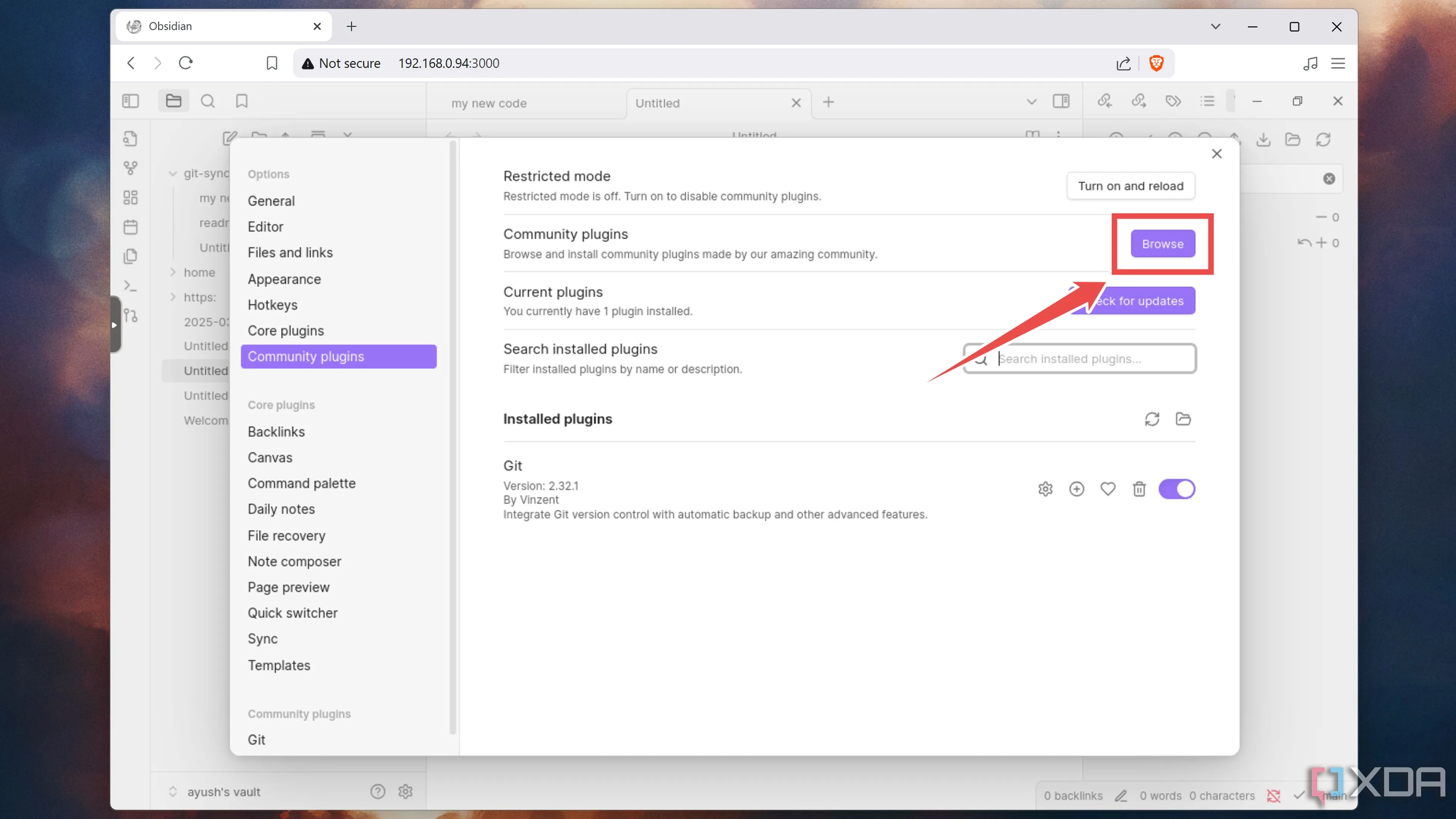 Nhấn nút Browse để tìm plugin Git cho Obsidian