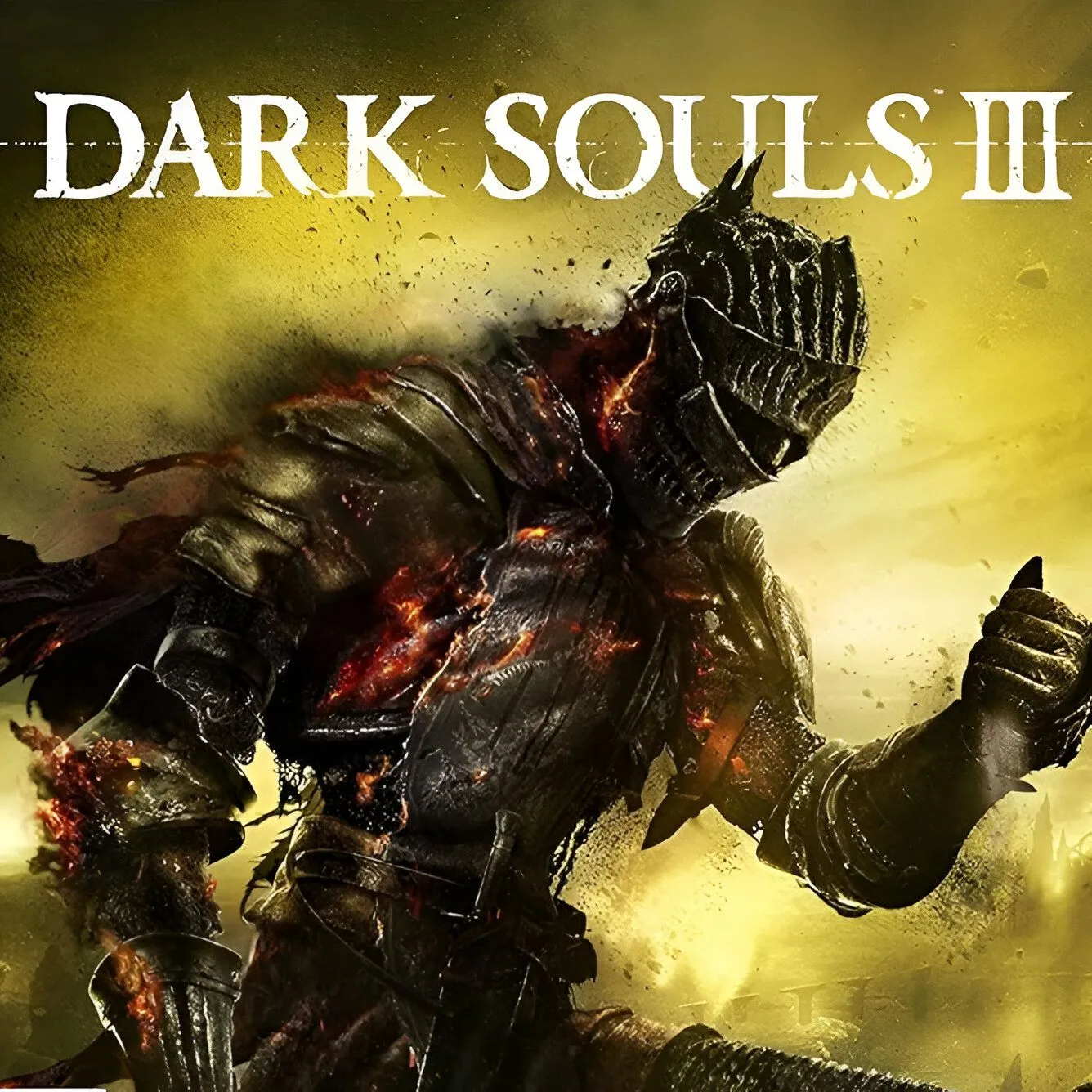 Nhân vật cầm kiếm và khiên đứng trên một bệ đá nhìn ra khung cảnh đổ nát của Dark Souls III