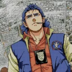 Nhân vật chính Jonathan Ingram của game Policenauts trên PS1, phía sau là bản đồ thuộc địa không gian
