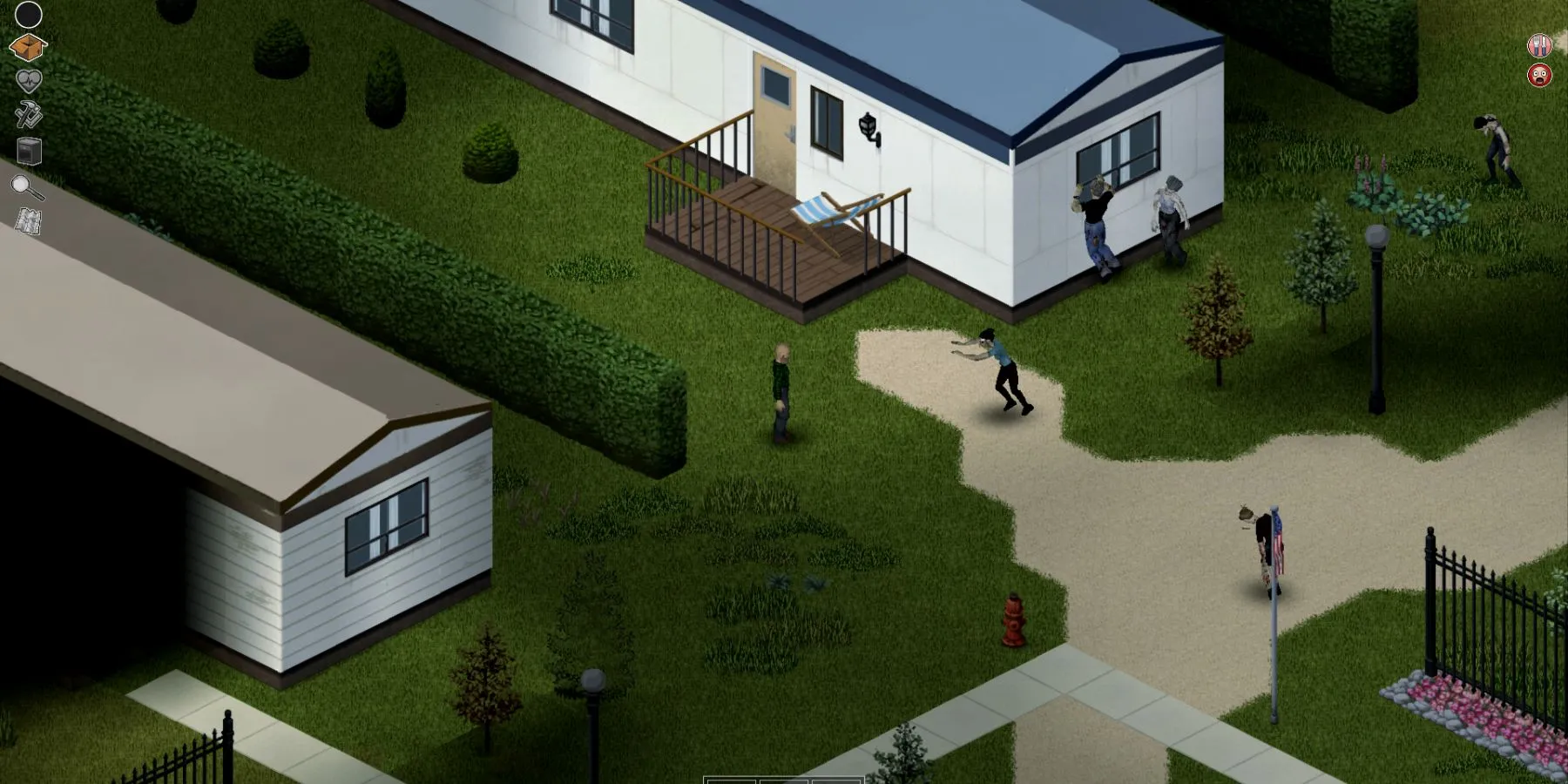 Nhân vật đang tìm kiếm đồ tiếp tế tại khu trailer park, bị zombie vây quanh trong Project Zomboid.