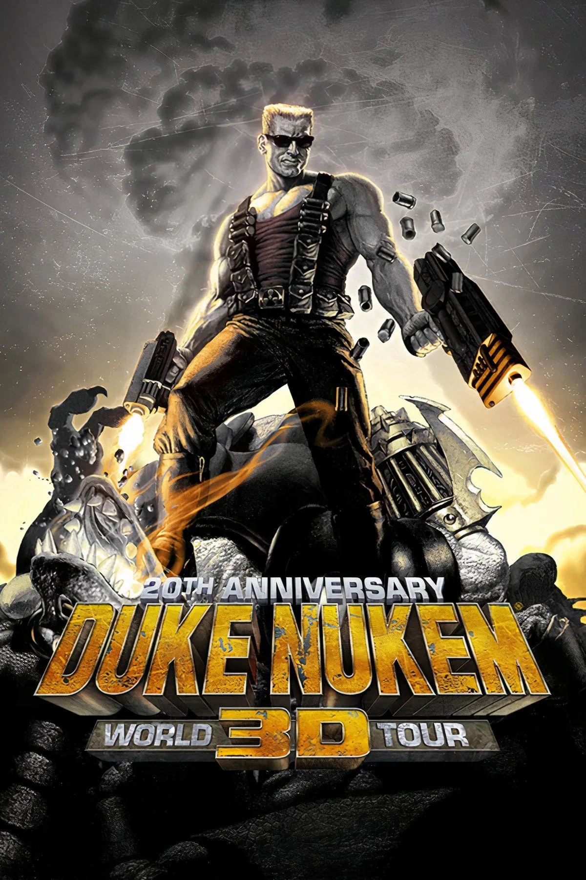 Nhân vật Duke Nukem với kính râm đặc trưng, súng ống và cảnh chiến đấu trong môi trường đô thị hoang tàn của Duke Nukem 3D, thể hiện phong cách hành động hài hước.