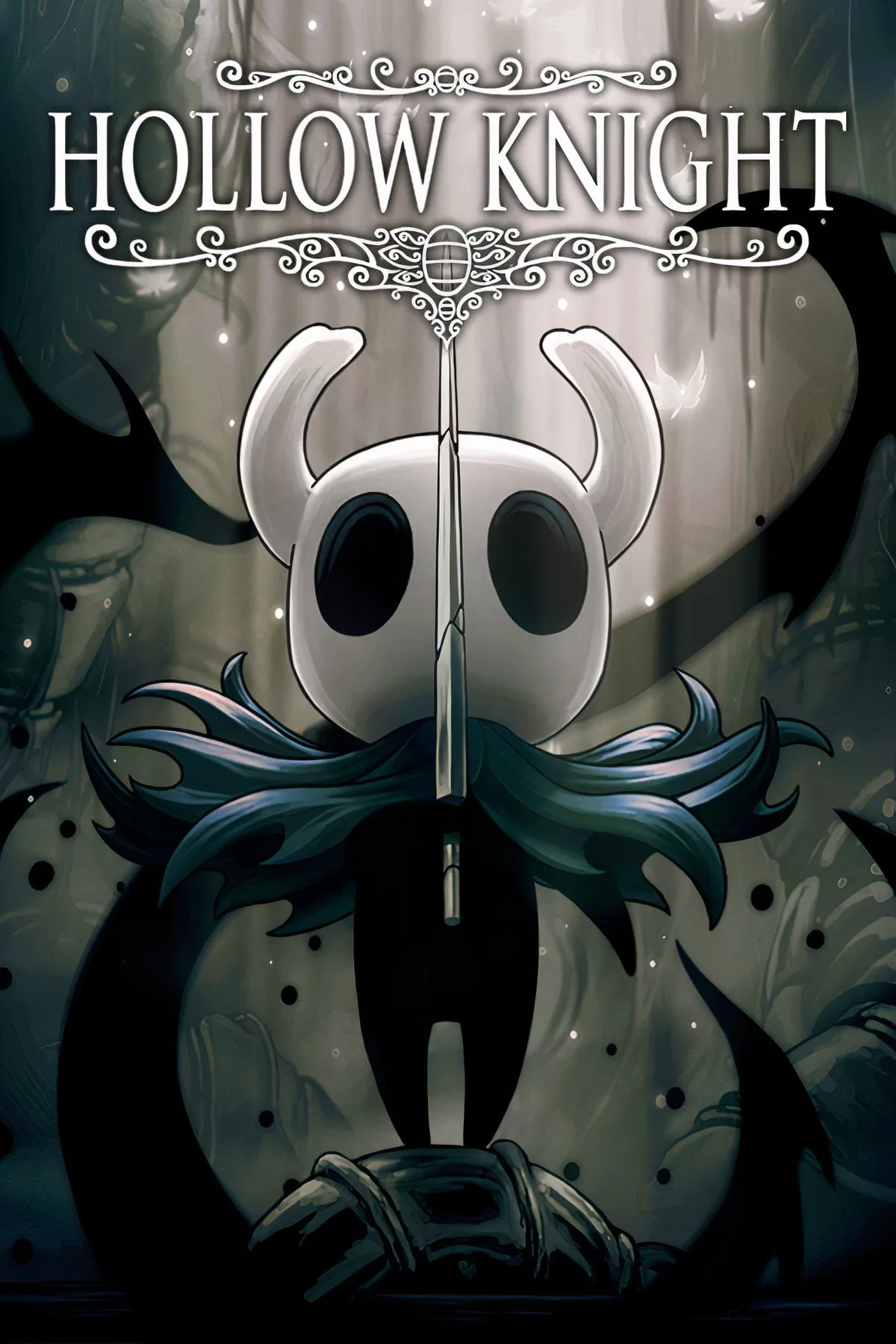 Nhân vật Hollow Knight đang đối mặt với một boss khổng lồ trong một hang động tối tăm, thể hiện phong cách nghệ thuật độc đáo của game