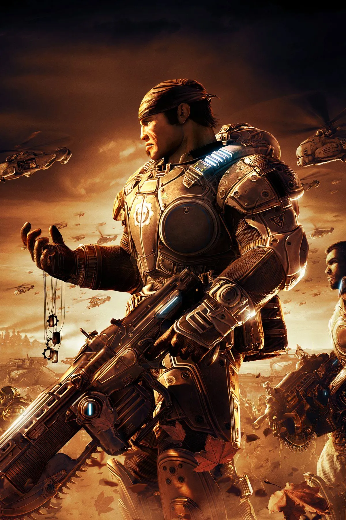 Nhân vật Marcus Fenix trong Gears of War 2 với khẩu Gnasher shotgun và kẻ thù bị hạ gục.