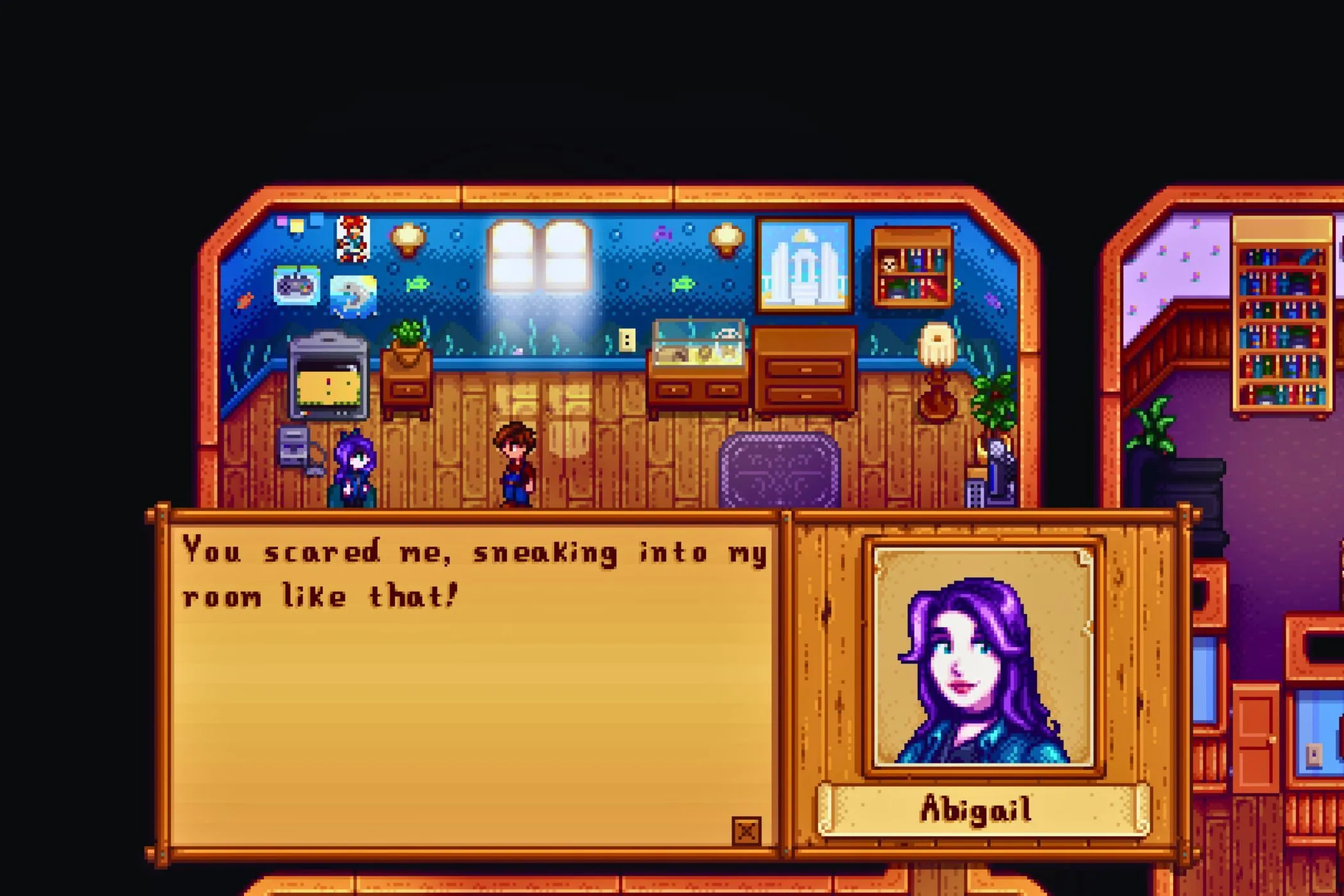 Nhân vật người chơi trò chuyện với Abigail trong nhà cô ấy ở Stardew Valley, minh họa tương tác nhân vật sâu sắc
