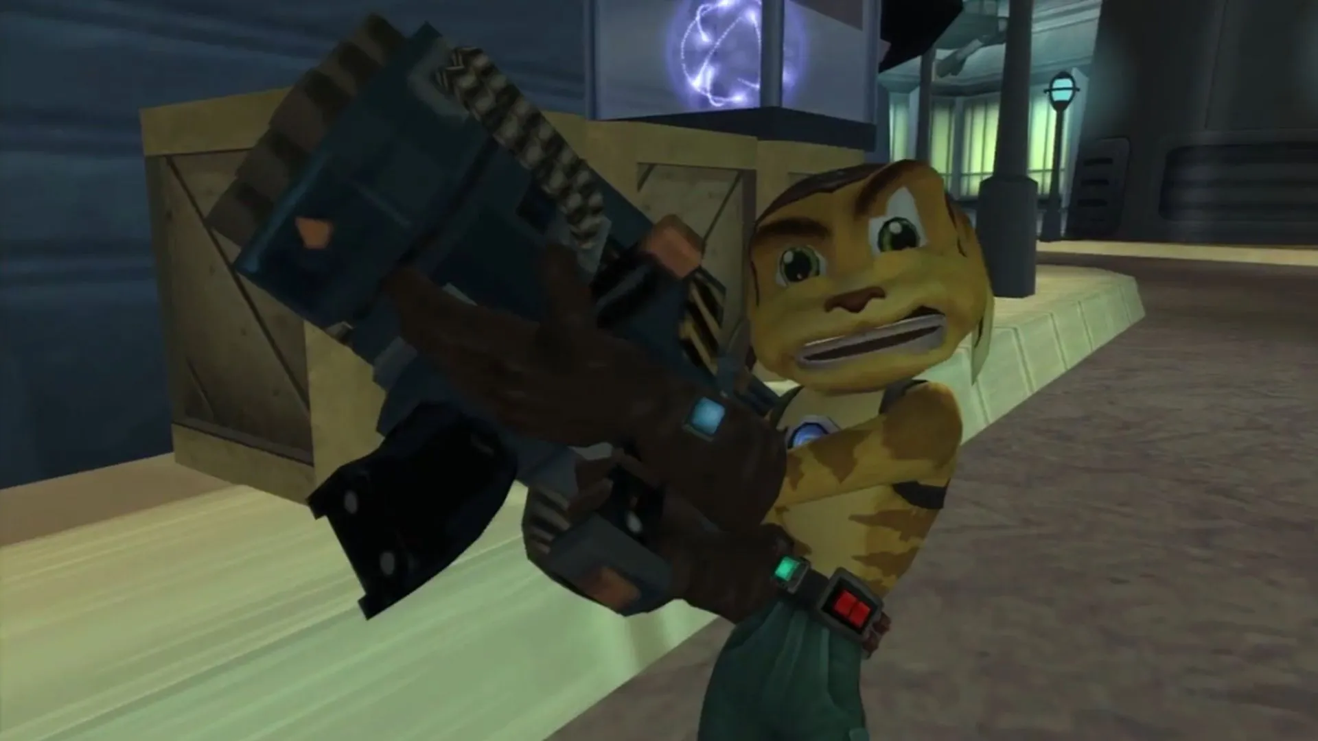 Nhân vật Ratchet cầm vũ khí R.Y.N.O. huyền thoại trong game Ratchet &amp; Clank