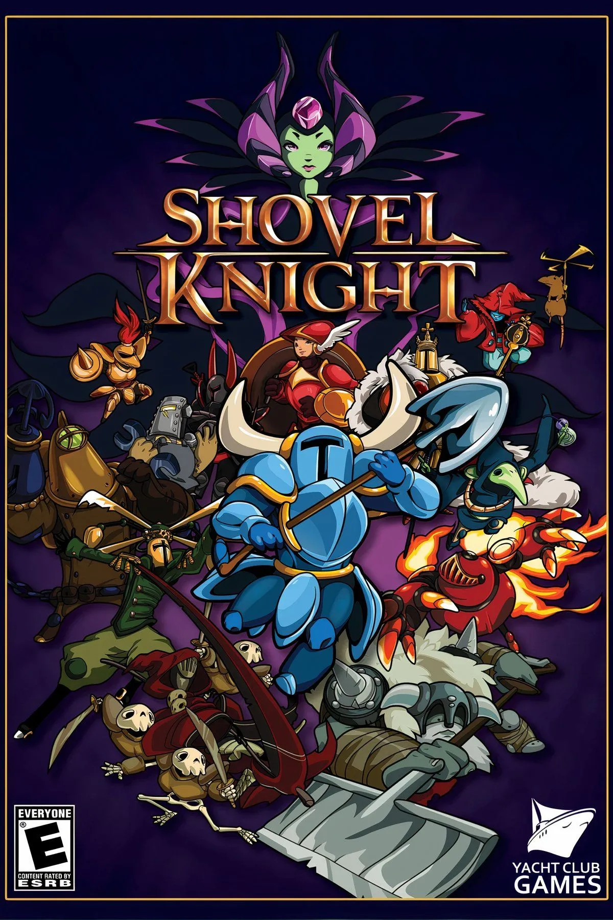 Nhân vật Shovel Knight trong tư thế chiến đấu với đồ họa pixel 8-bit sống động, thể hiện phong cách retro