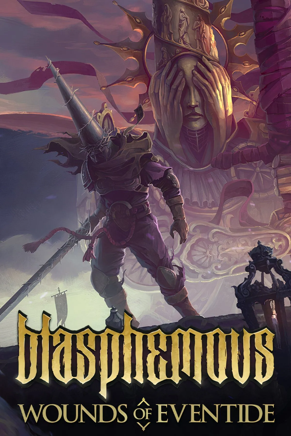Nhân vật The Penitent One trong Blasphemous, với phong cách nghệ thuật pixel art Gothic và bầu không khí u ám