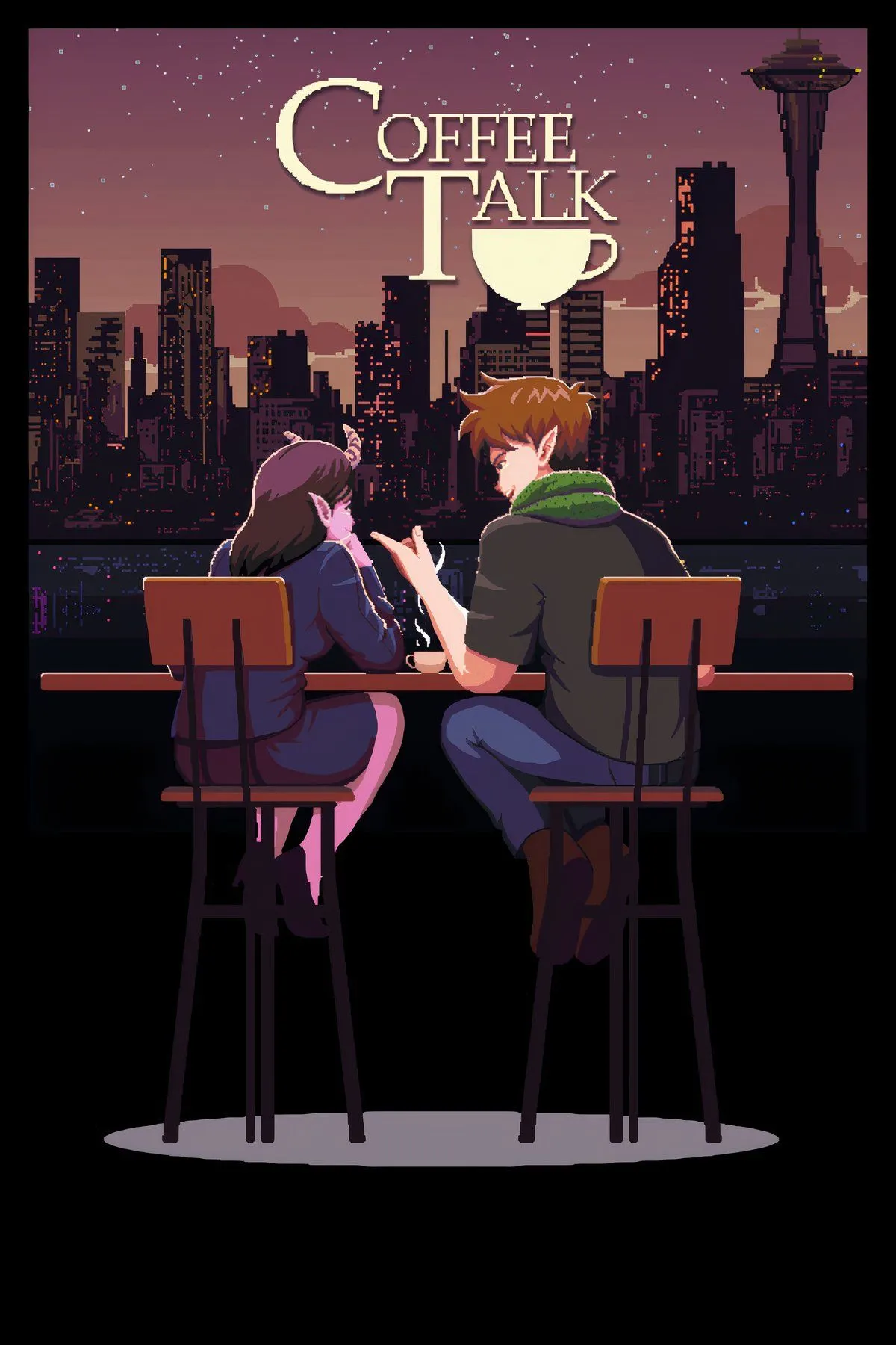 Nhân vật trong game Coffee Talk ngồi tại quầy bar với đồ uống ấm cúng
