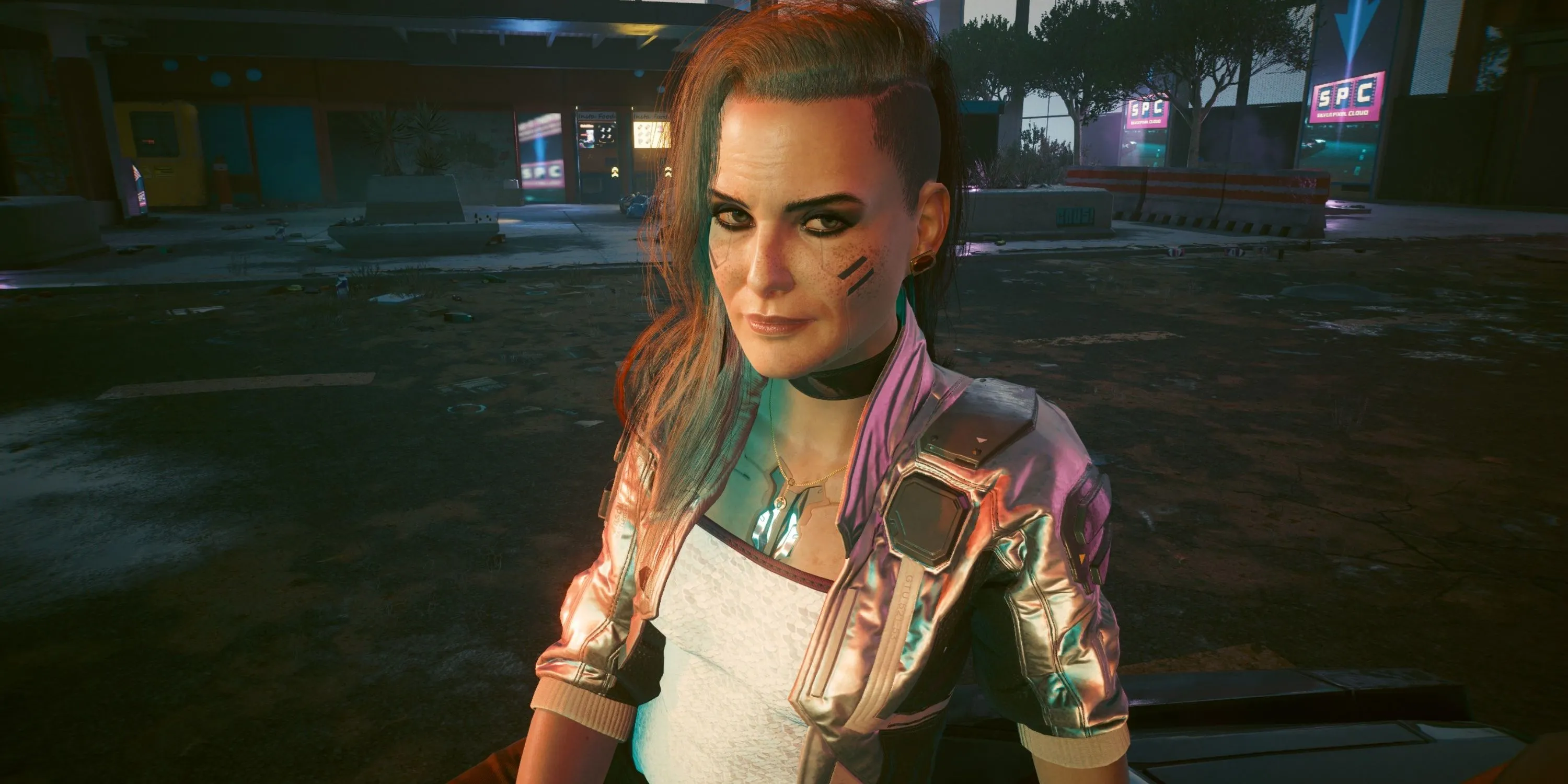 Nhân vật V tương tác với Rogue, một NPC quan trọng trong Cyberpunk 2077.