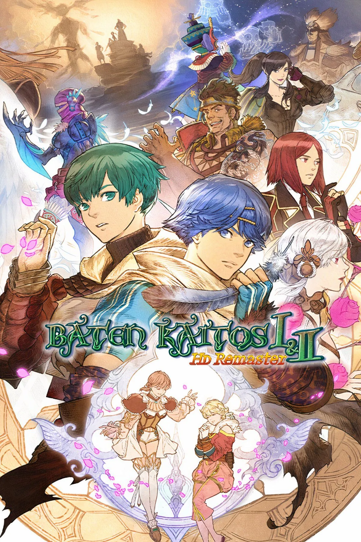 Nhân vật và bối cảnh những hòn đảo bay độc đáo trong game JRPG Baten Kaitos, thể hiện cơ chế chiến đấu thẻ bài sáng tạo.