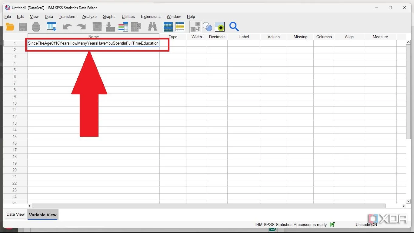 Nhập tên biến cho câu hỏi khảo sát vào cột Name trong Variable View của SPSS.