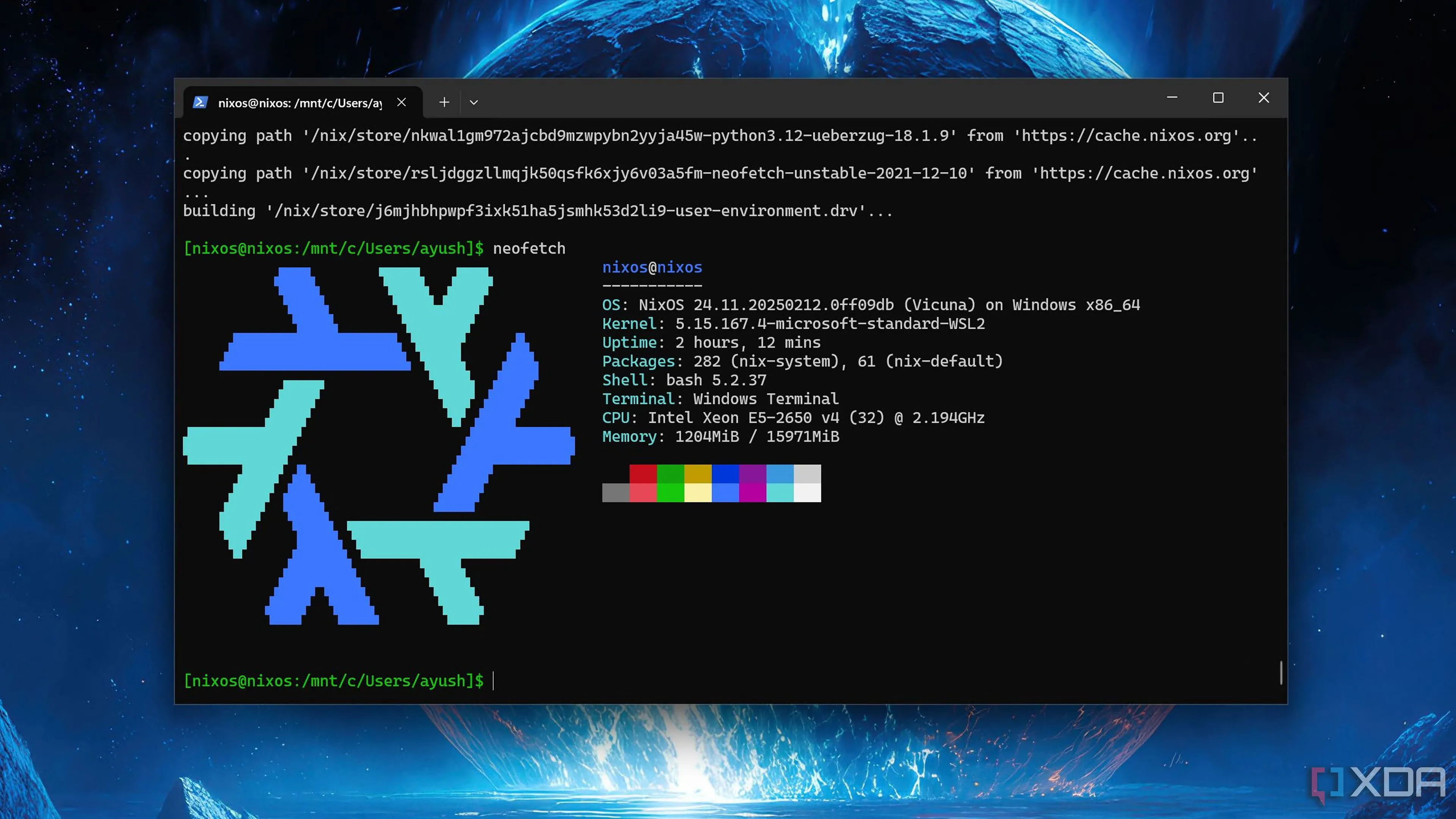 NixOS đang chạy trên Windows thông qua WSL, hiển thị các lệnh cấu hình