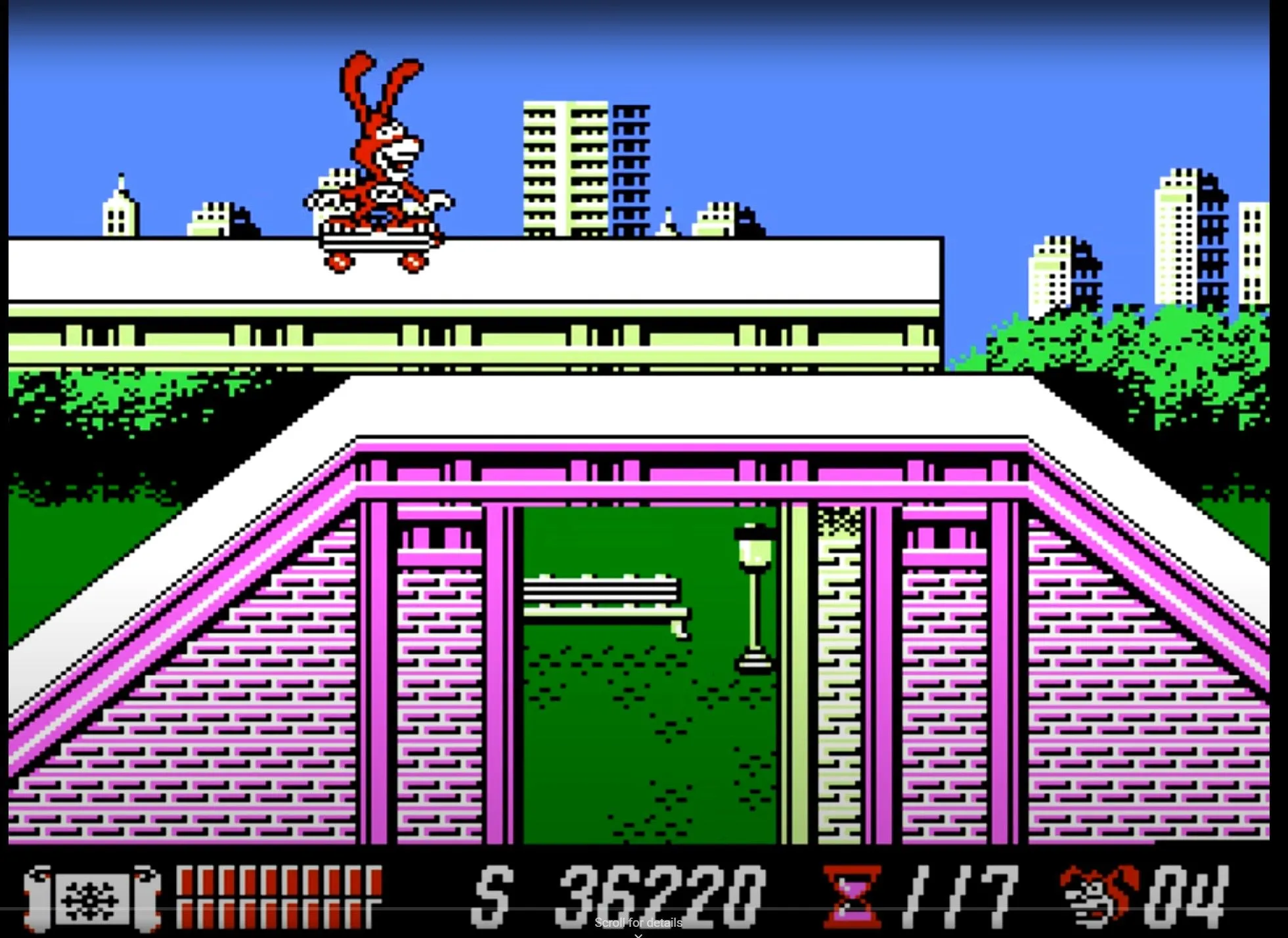 Noid trượt ván trong game Yo! Noid trên NES, với hình ảnh logo Domino's