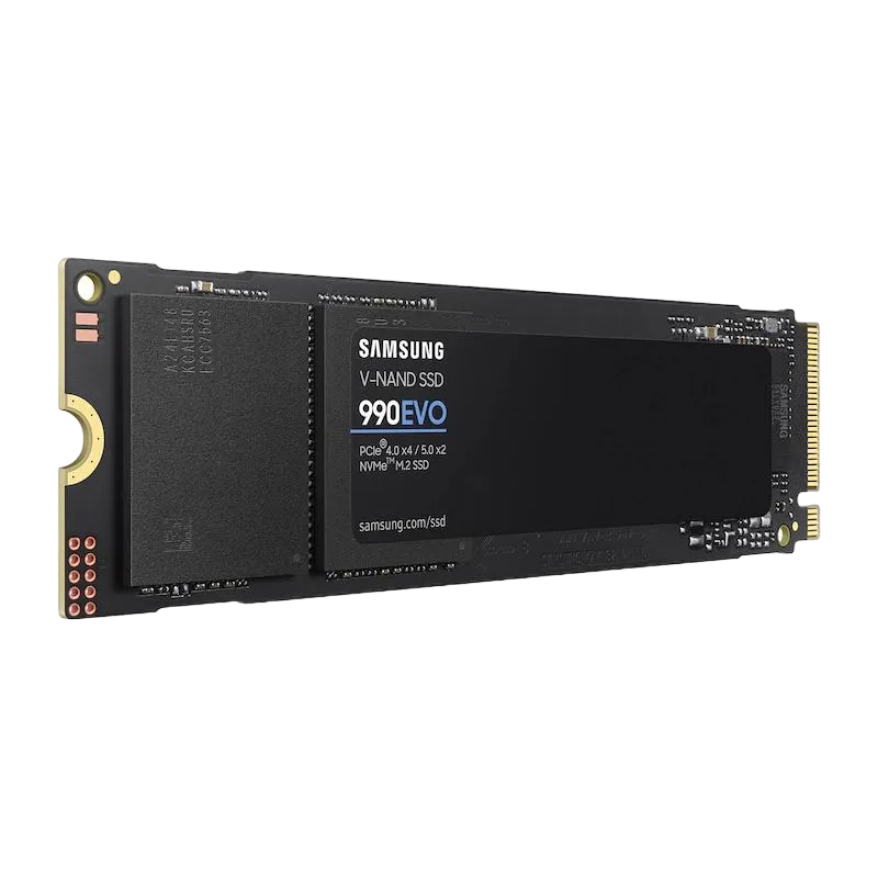 Ổ cứng SSD Samsung 990 Evo M.2 NVMe trên nền trong suốt, nổi bật thiết kế nhỏ gọn và hiệu năng cao