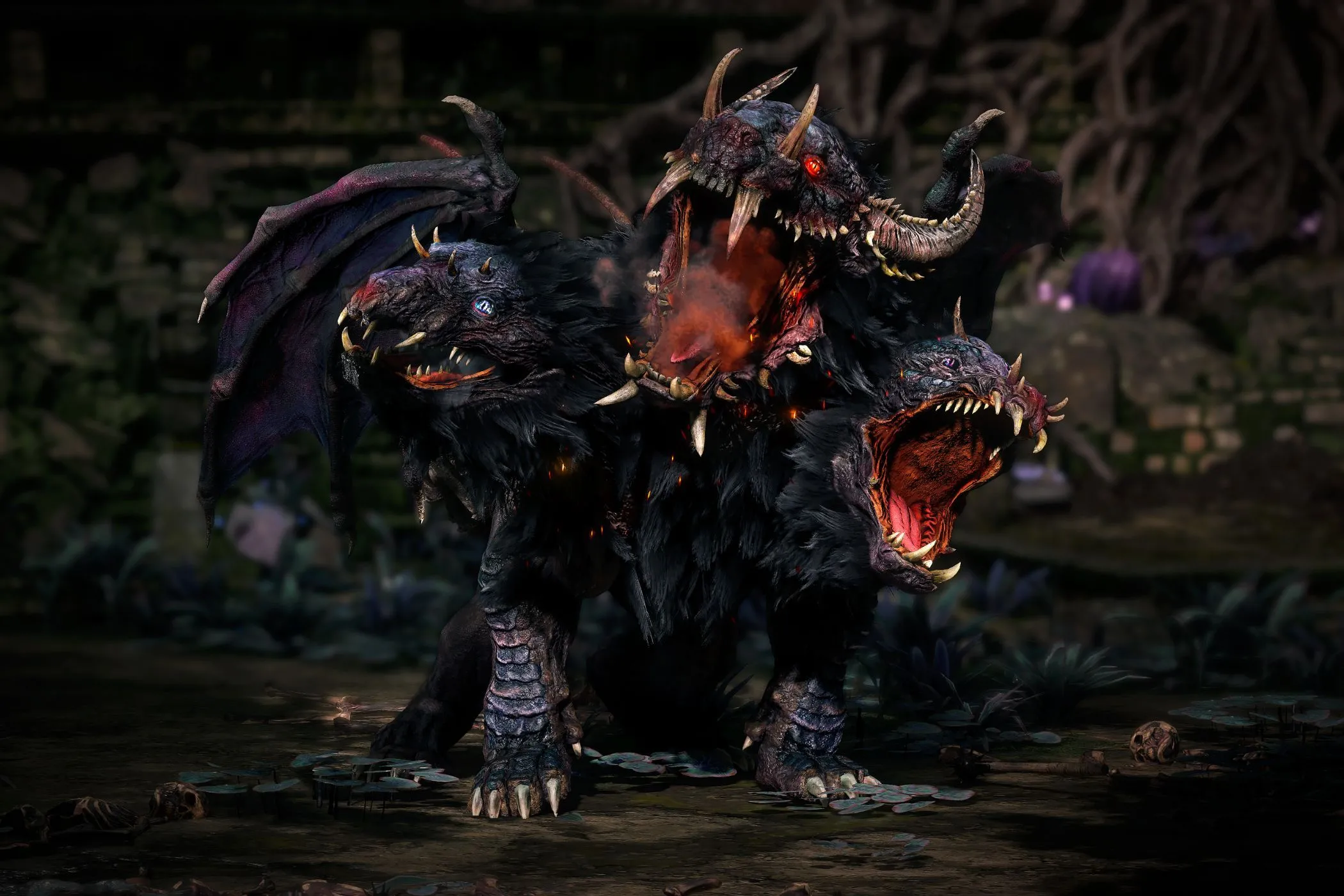 Path of Exile 2 three-headed demon dog roaring