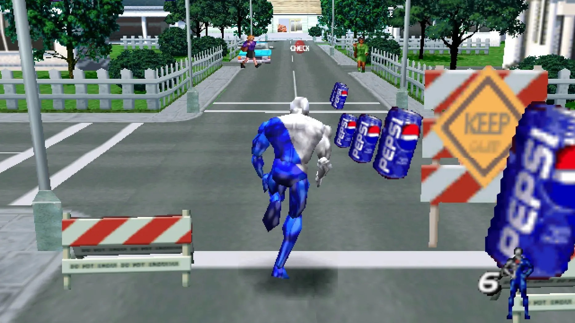 Pepsiman đang chạy trên đường phố và thu thập lon Pepsi trong game Pepsiman trên PS1