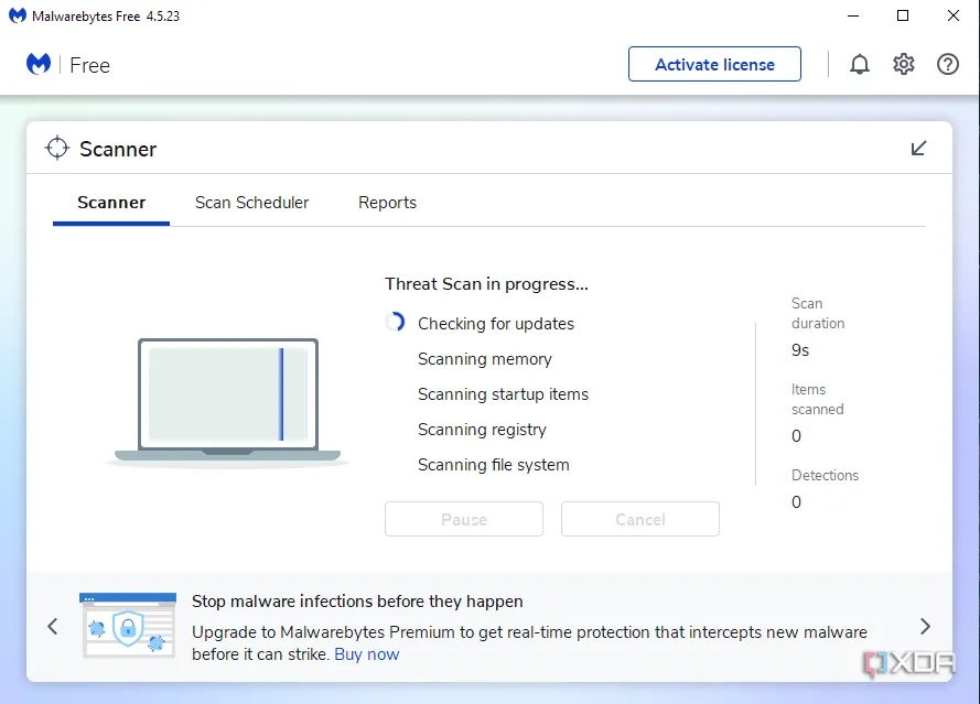 Phần mềm diệt virus Malwarebytes đang mở và chạy quét trên PC