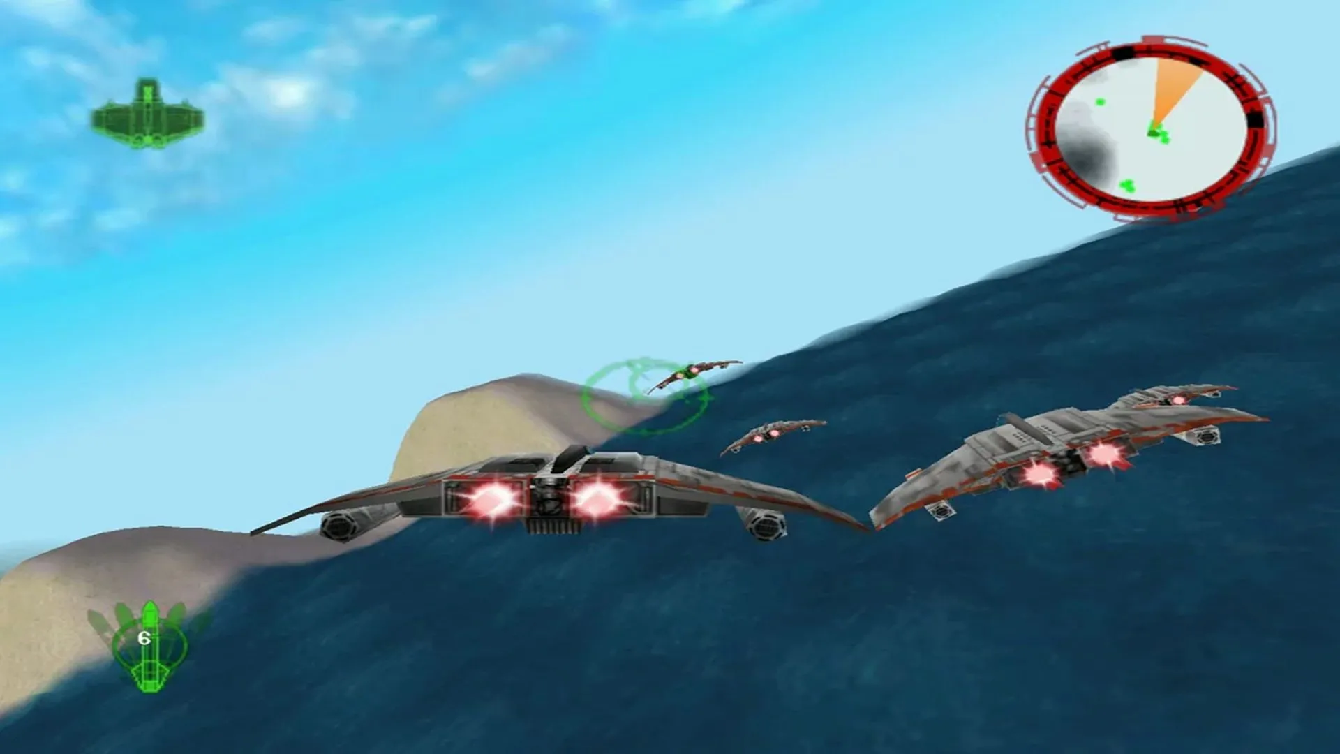 Phi thuyền V-Wing bay cùng đồng đội trong Star Wars Rogue Squadron phiên bản N64