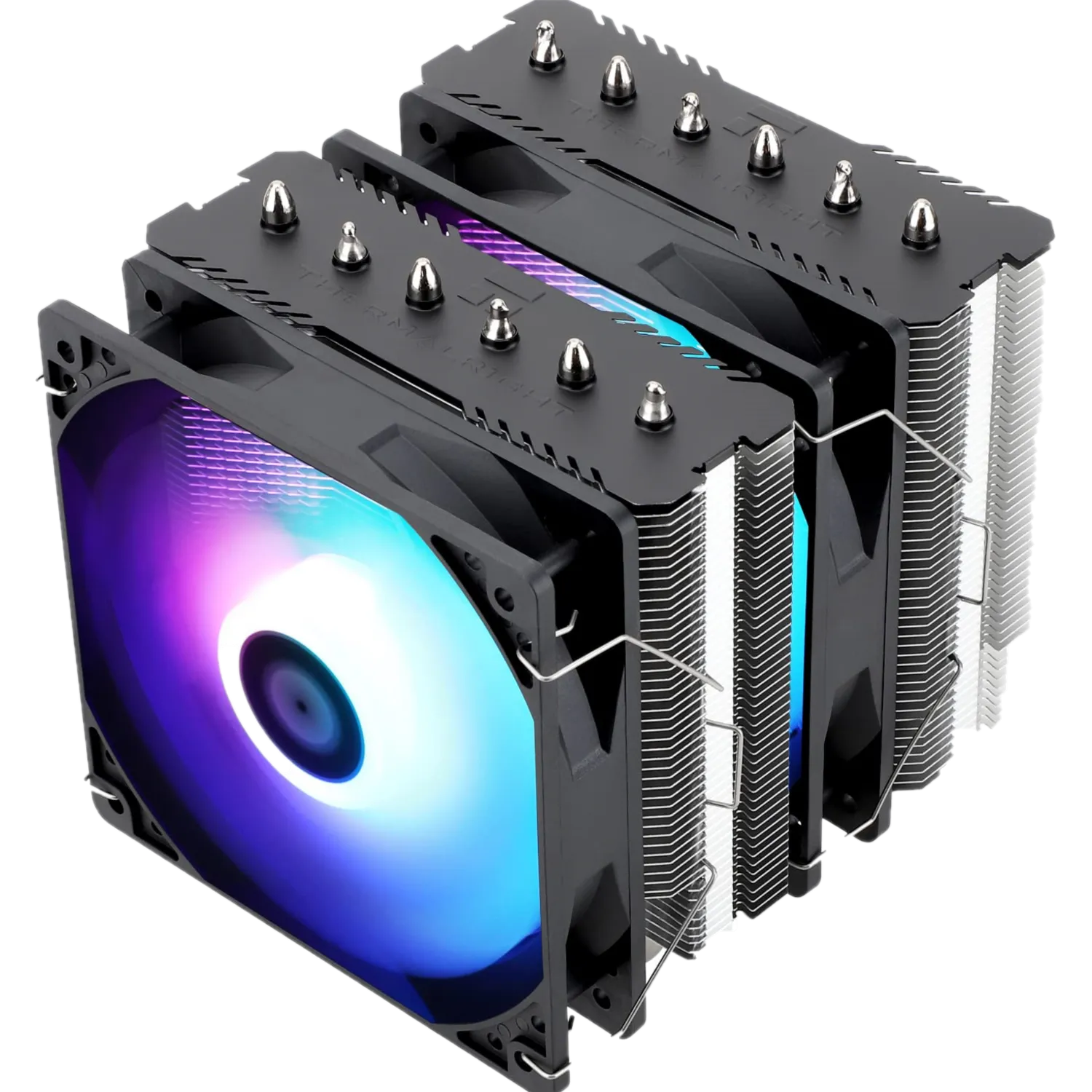 Render tản nhiệt khí Thermalright Peerless Assassin 120 SE ARGB màu trắng, nổi bật với đèn RGB.