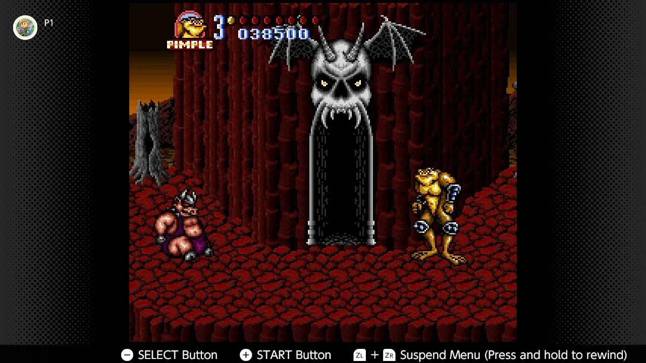 Screenshot game Battletoads in Battlemaniacs trên Nintendo Switch Online, mô tả cảnh chiến đấu hành động đầy kịch tính với các nhân vật cóc.