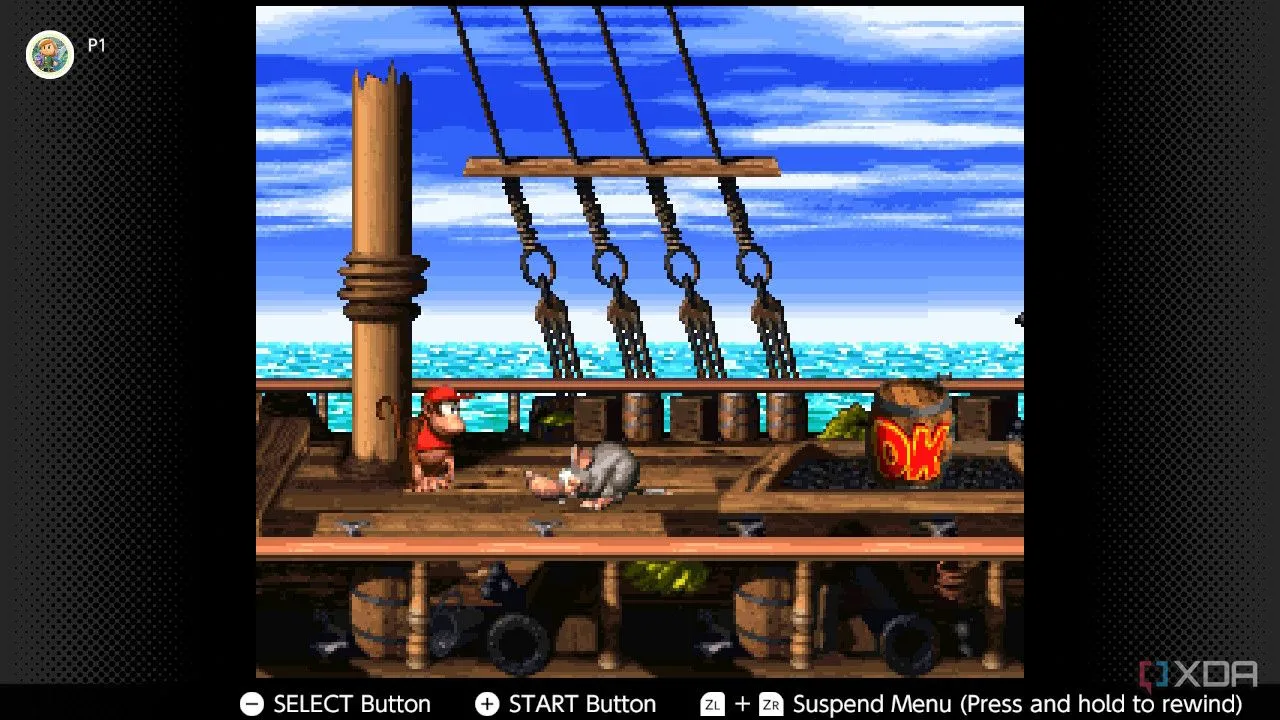 Screenshot game Donkey Kong Country 2 trên Nintendo Switch Online, thể hiện cảnh Diddy và Dixie Kong trong màn chơi platformer rừng rậm.