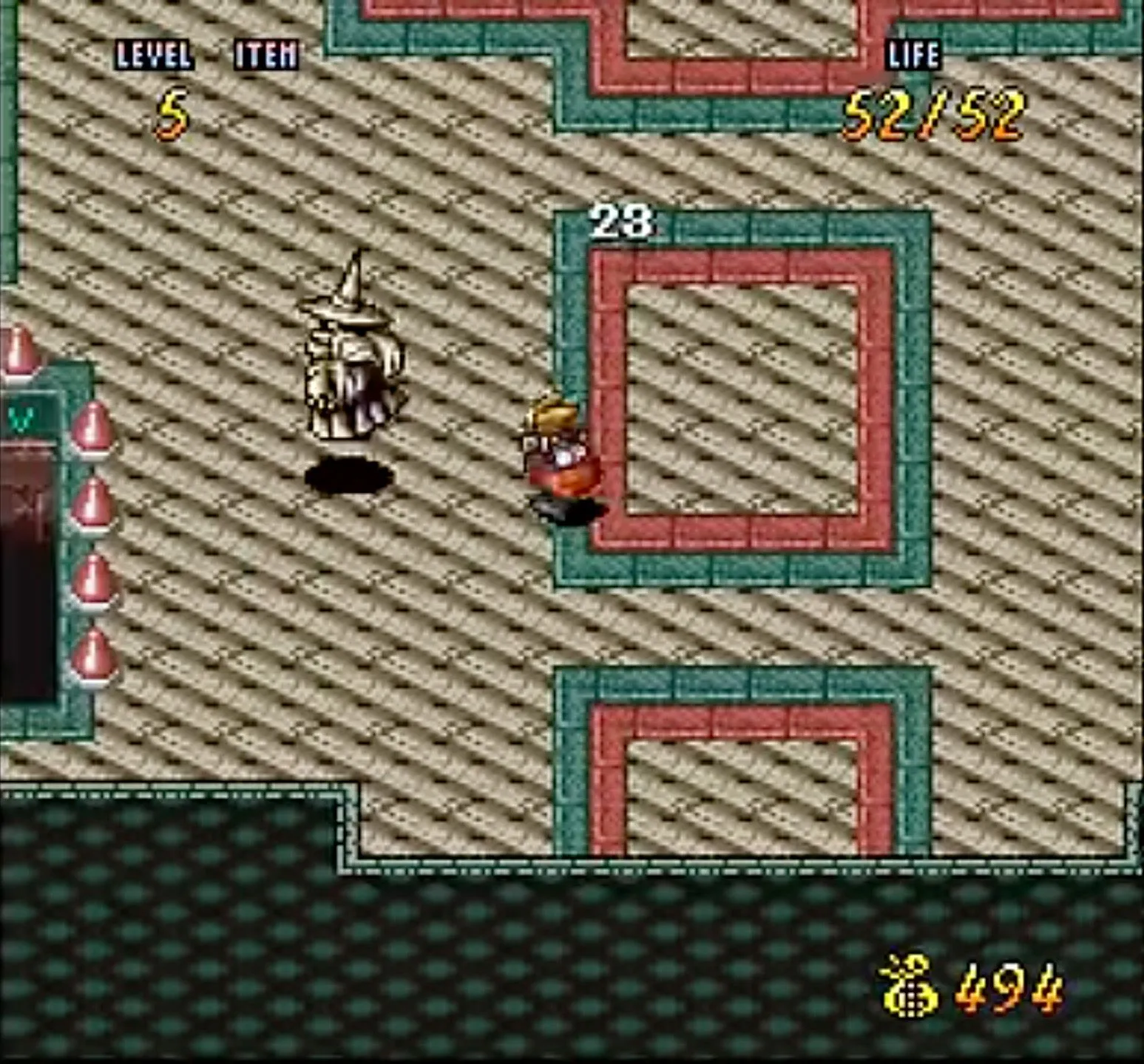 Screenshot game Terranigma trên SNES, thể hiện nhân vật chính Ark đang khám phá thế giới rộng lớn trong một cuộc phiêu lưu hành động RPG.