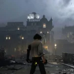 Screenshot nhân vật chính trong game Lies of P đứng giữa sân hoang tàn