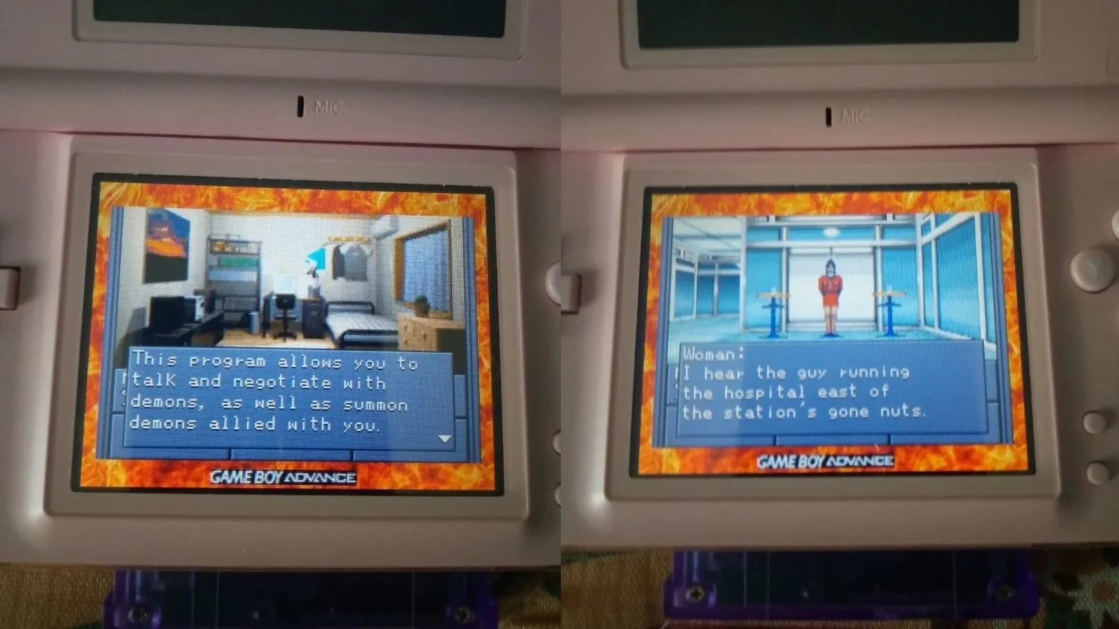 Shin Megami Tensei bản dịch tiếng Anh trên GBA đang chạy trên máy Nintendo DS cầm tay, minh họa gameplay dungeon-crawling