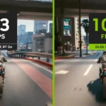 So sánh đồ họa Cyberpunk 2077 khi bật và tắt DLSS, minh họa sự khác biệt về chất lượng hình ảnh