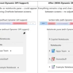 So sánh giao diện OneNote trước và sau khi có tính năng Dynamic DPI, minh họa sự khác biệt về độ sắc nét hiển thị.