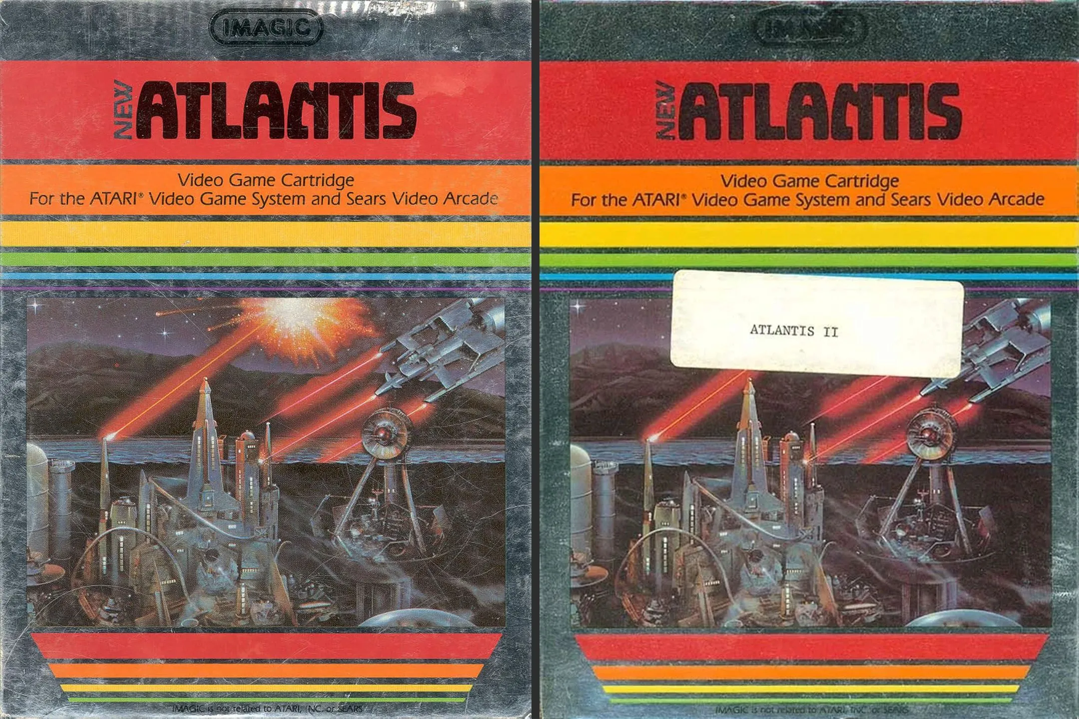 So sánh nhãn dán của cartridge game Atlantis gốc và Atlantis II dành cho Atari, cho thấy sự tương đồng về ngoại hình khiến việc nhận biết trở nên khó khăn.