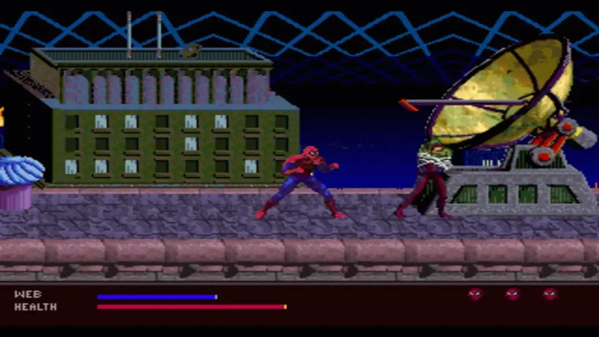 Spider-Man trong game The Amazing Spider-Man: Web of Fire trên Sega 32X chiến đấu với một kẻ thù Hydra, minh họa phong cách đồ họa pixel art của trò chơi hành động cuối cùng trên nền tảng này.