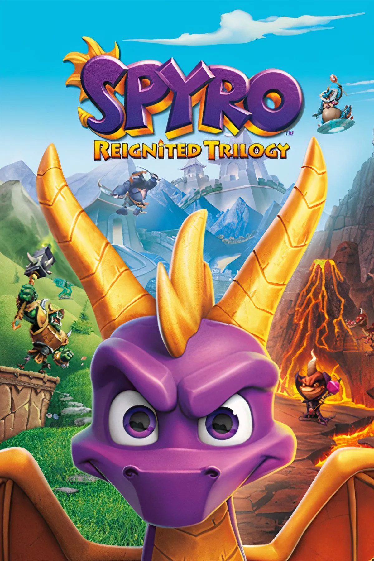 Spyro Reignited Trilogy - rồng Spyro bay lượn trên vùng đất rực rỡ sắc màu, đồ họa remastered.