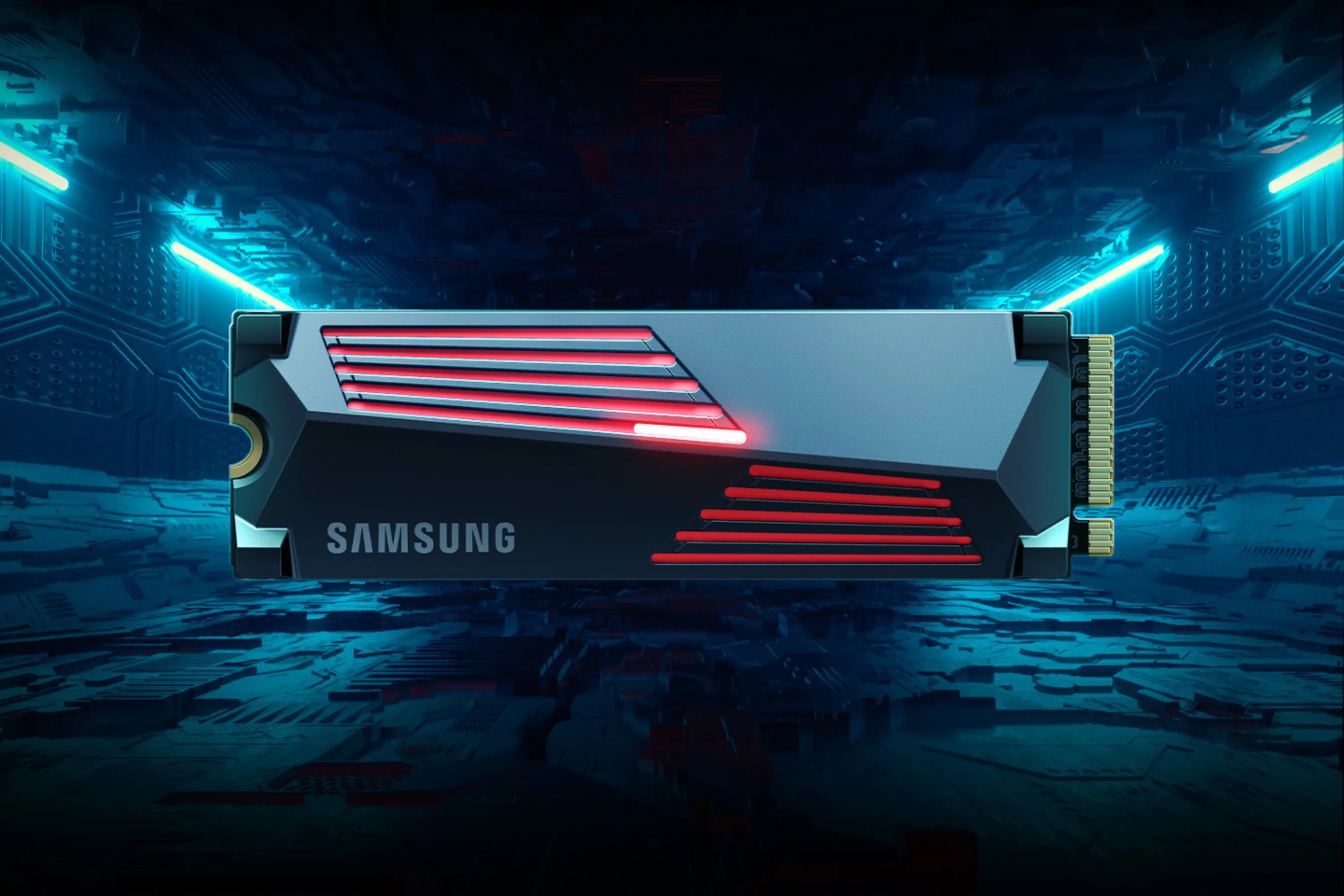 SSD Samsung 990 Pro kèm tản nhiệt với hiệu ứng ánh sáng xanh, minh họa tốc độ cao