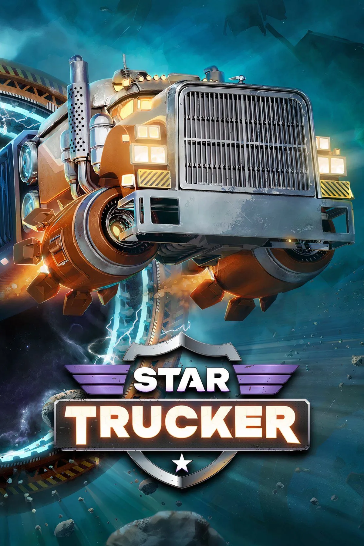 Star Trucker: Hình ảnh xe tải vũ trụ bay giữa không gian đầy thiên thạch và tinh vân.