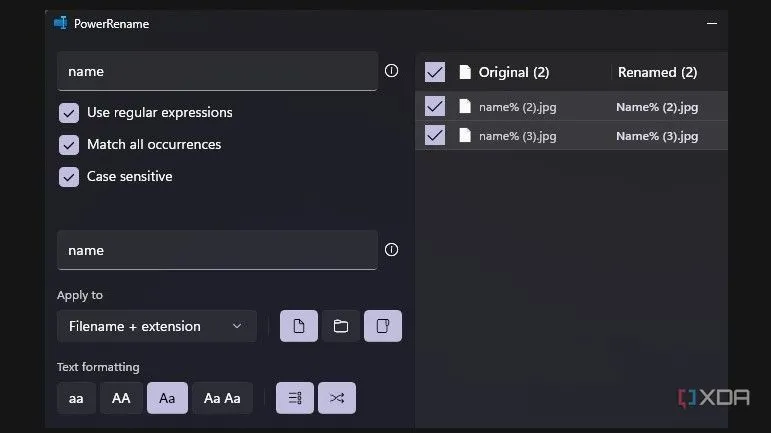 Sử dụng công cụ định dạng văn bản trong PowerRename để chuẩn hóa tên file