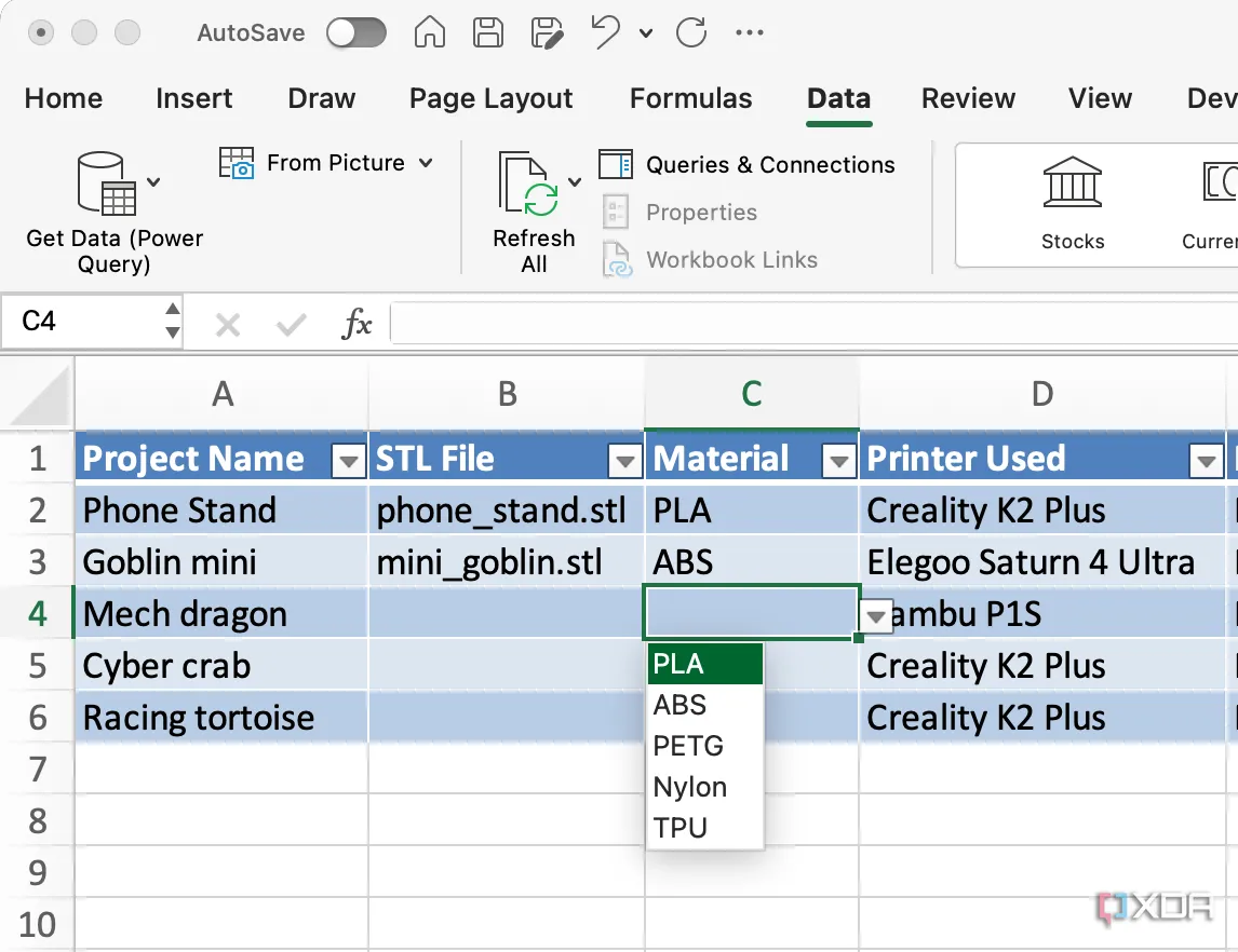 Sử dụng danh sách thả xuống (drop-down list) trong Excel để chọn nhanh loại vật liệu in 3D