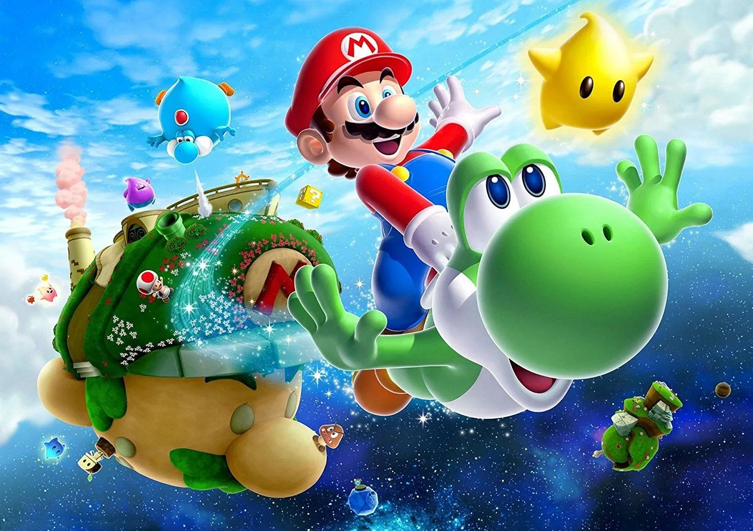Tác phẩm nghệ thuật Super Mario Galaxy 2 với Mario và Yoshi, minh họa sự đa dạng và sức sống của vũ trụ Mario.