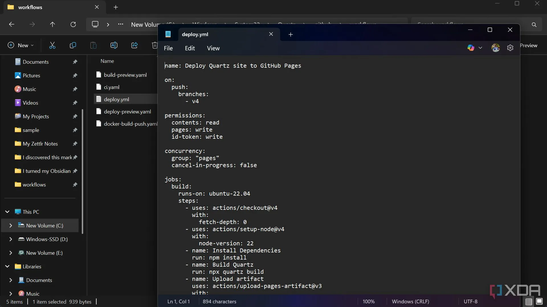 Tạo tệp deploy.yml trong thư mục .github/workflows để thiết lập GitHub Actions cho việc triển khai Quartz
