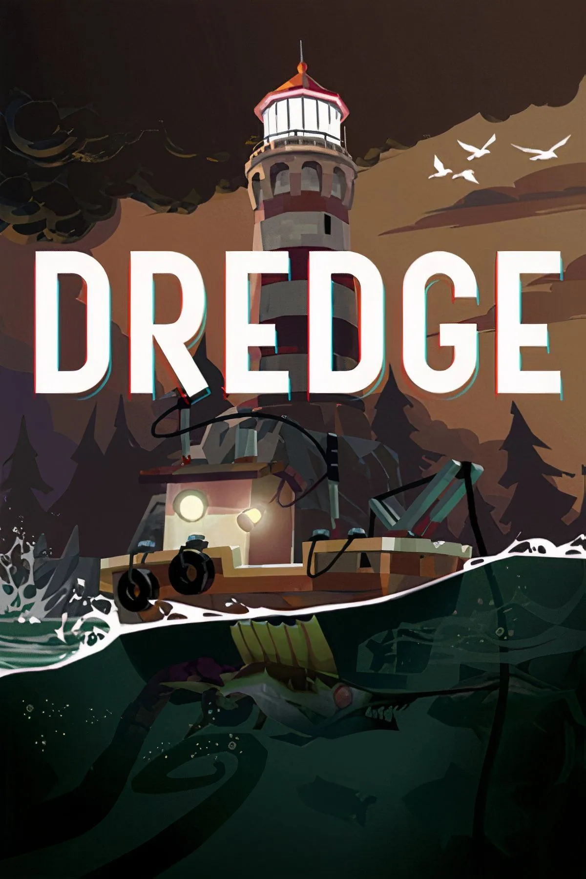 Tàu đánh cá trong game Dredge lênh đênh trên biển tối tăm