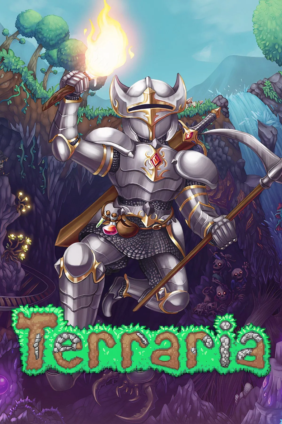 Terraria: Nhân vật đang khám phá thế giới 2D sandbox của game Terraria với các khối và môi trường đa dạng.